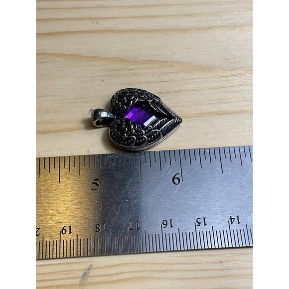 Gothic Silver Heart Pendant With Purple Gemstone & Wing Detail - Picture 4 of 4